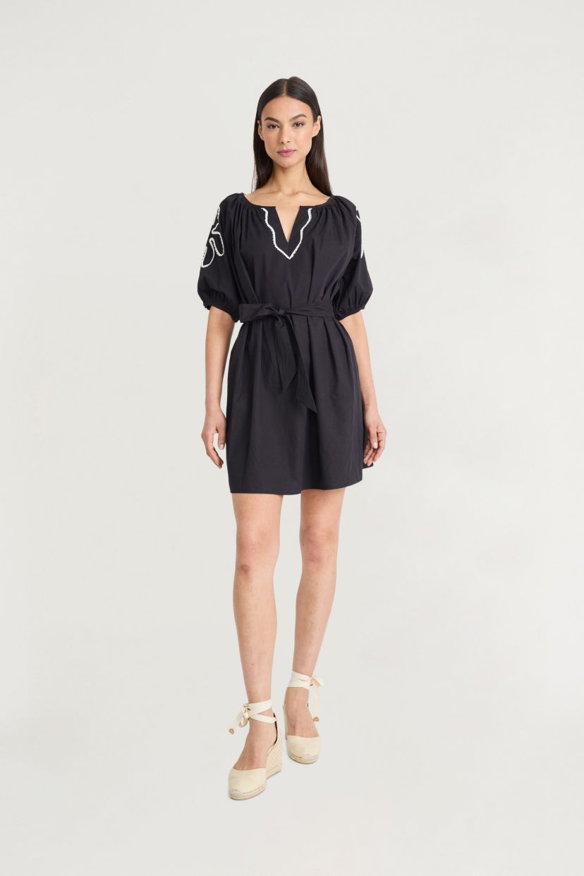 PUFF SLEEVE EMBROIDERED MINI DRESS