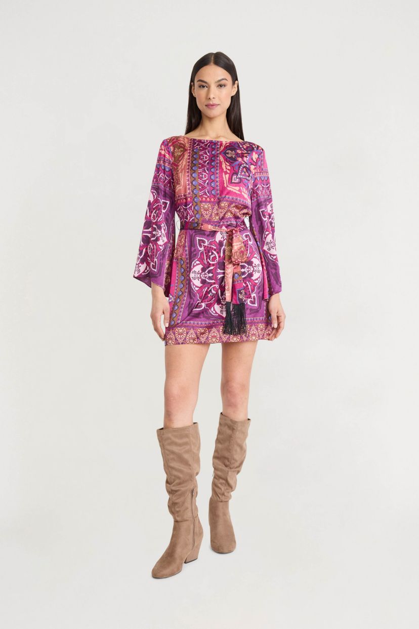 PRINTED MINI DRESS WITH TASSLES
