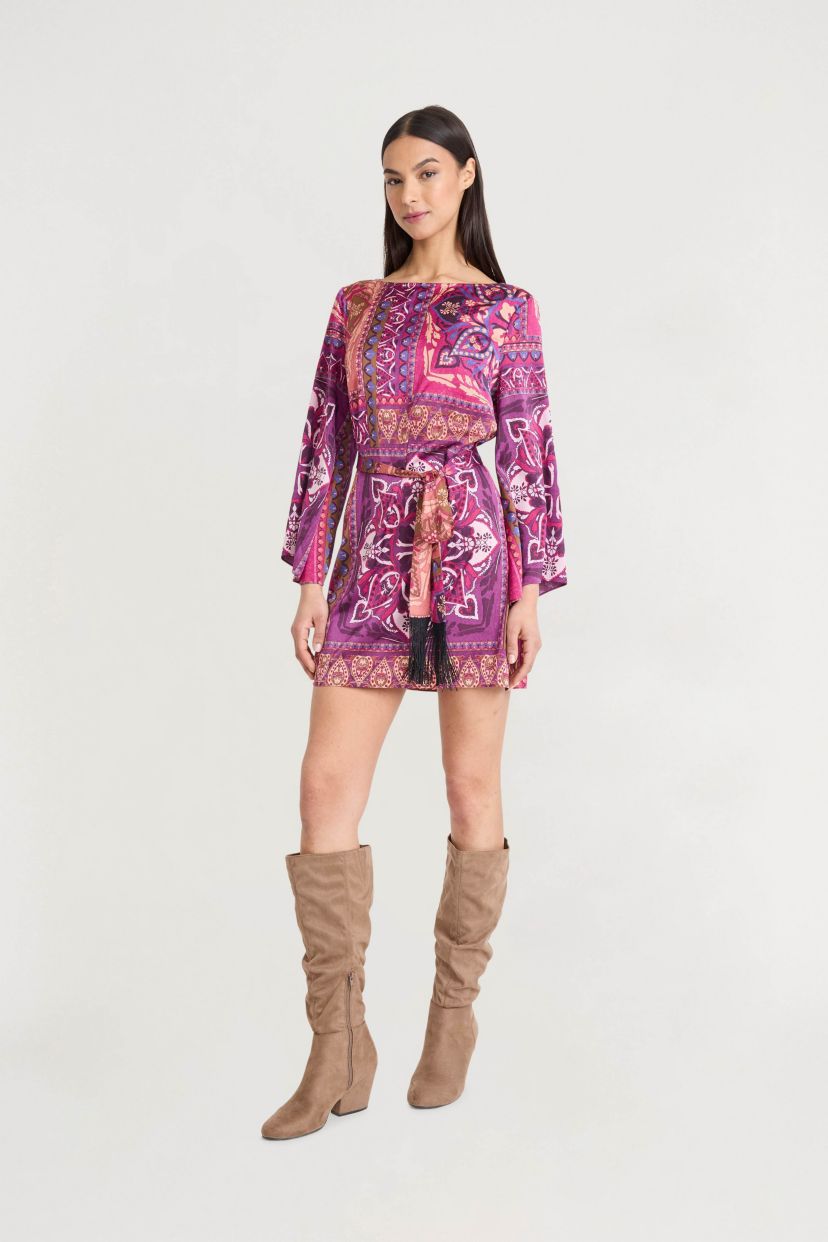 PRINTED MINI DRESS WITH TASSLES
