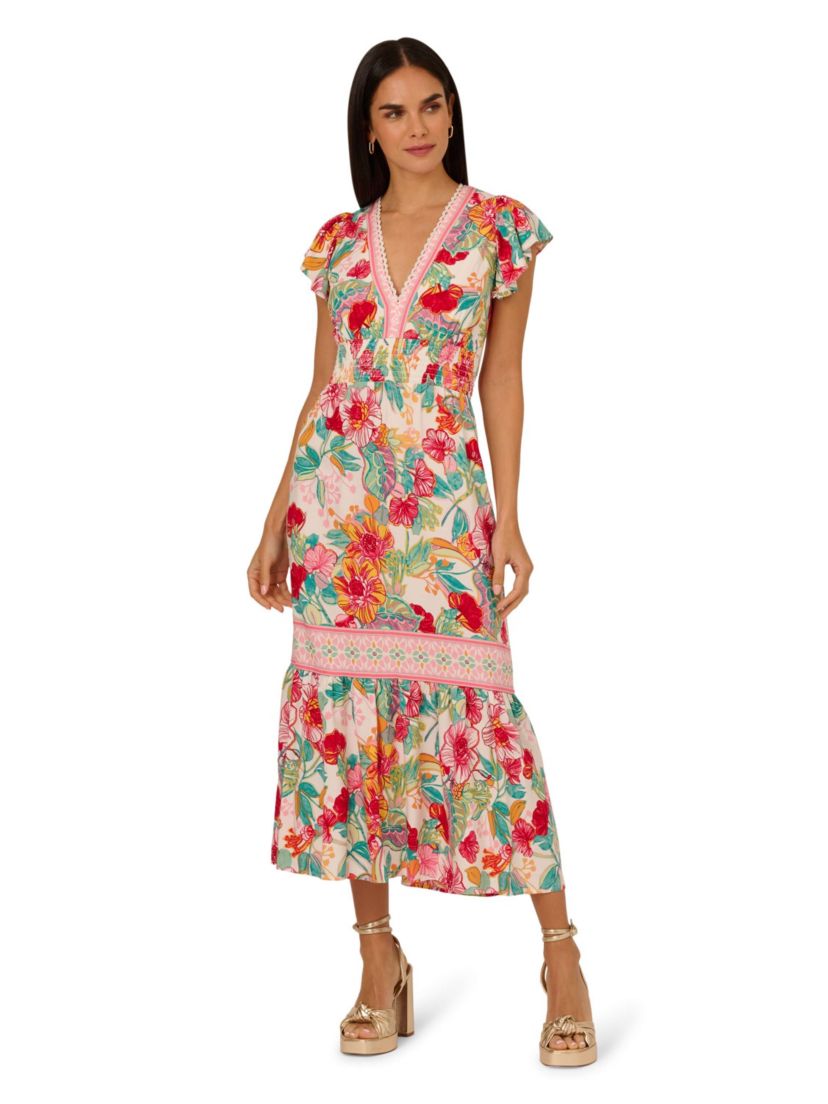 V Neck Printed Midi Dress