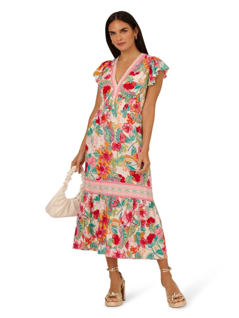 V Neck Printed Midi Dress