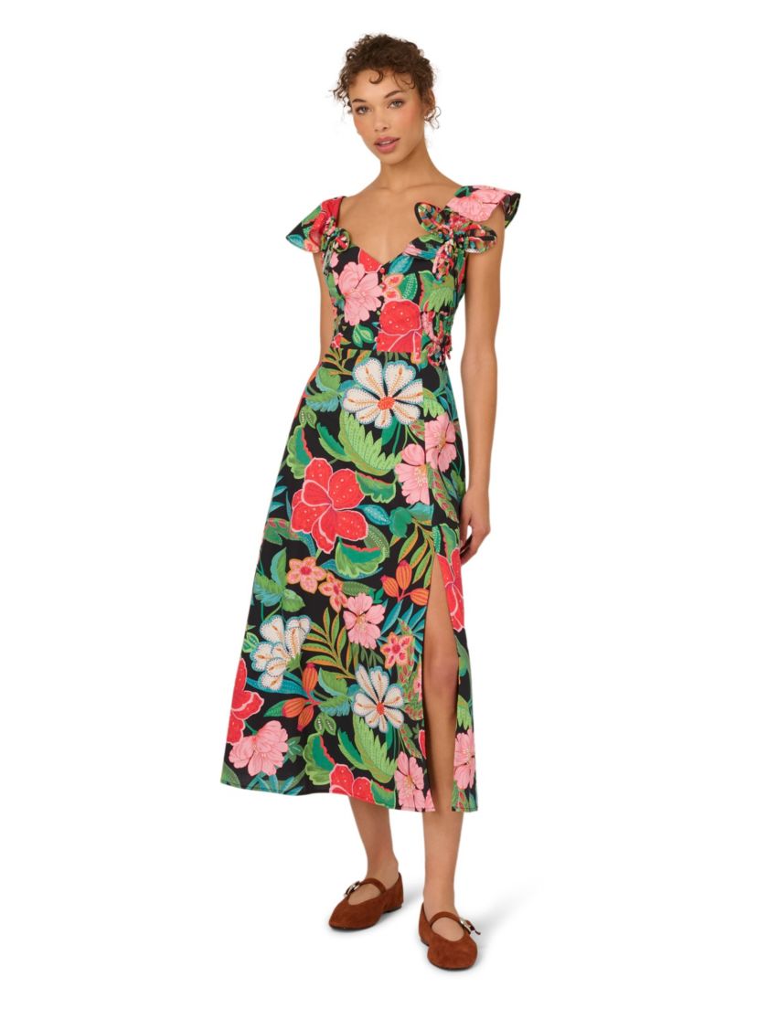 adrianna papell floral dress Women's Emb Halter Midi bow embellishment Sleeveless Floral Dresses for Every