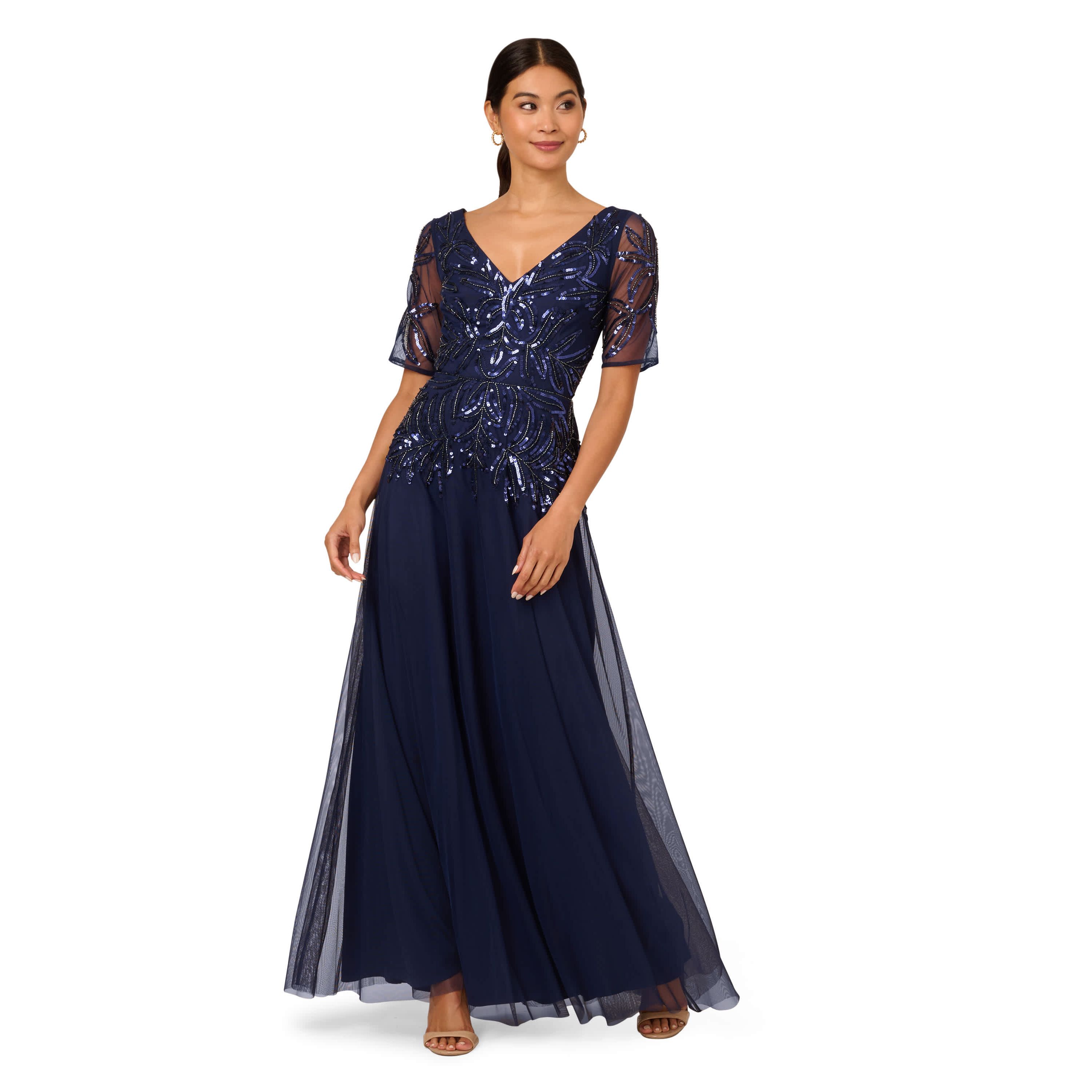 BEADED MESH LONG DRESS