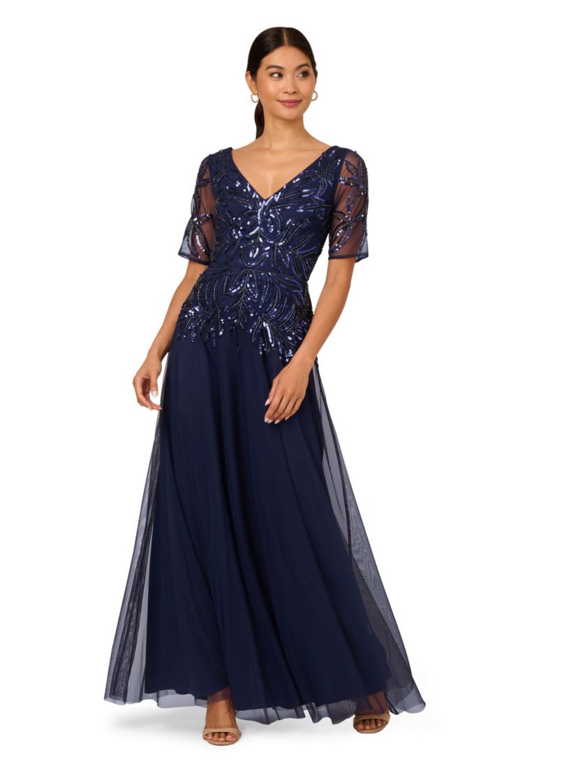 BEADED MESH LONG DRESS