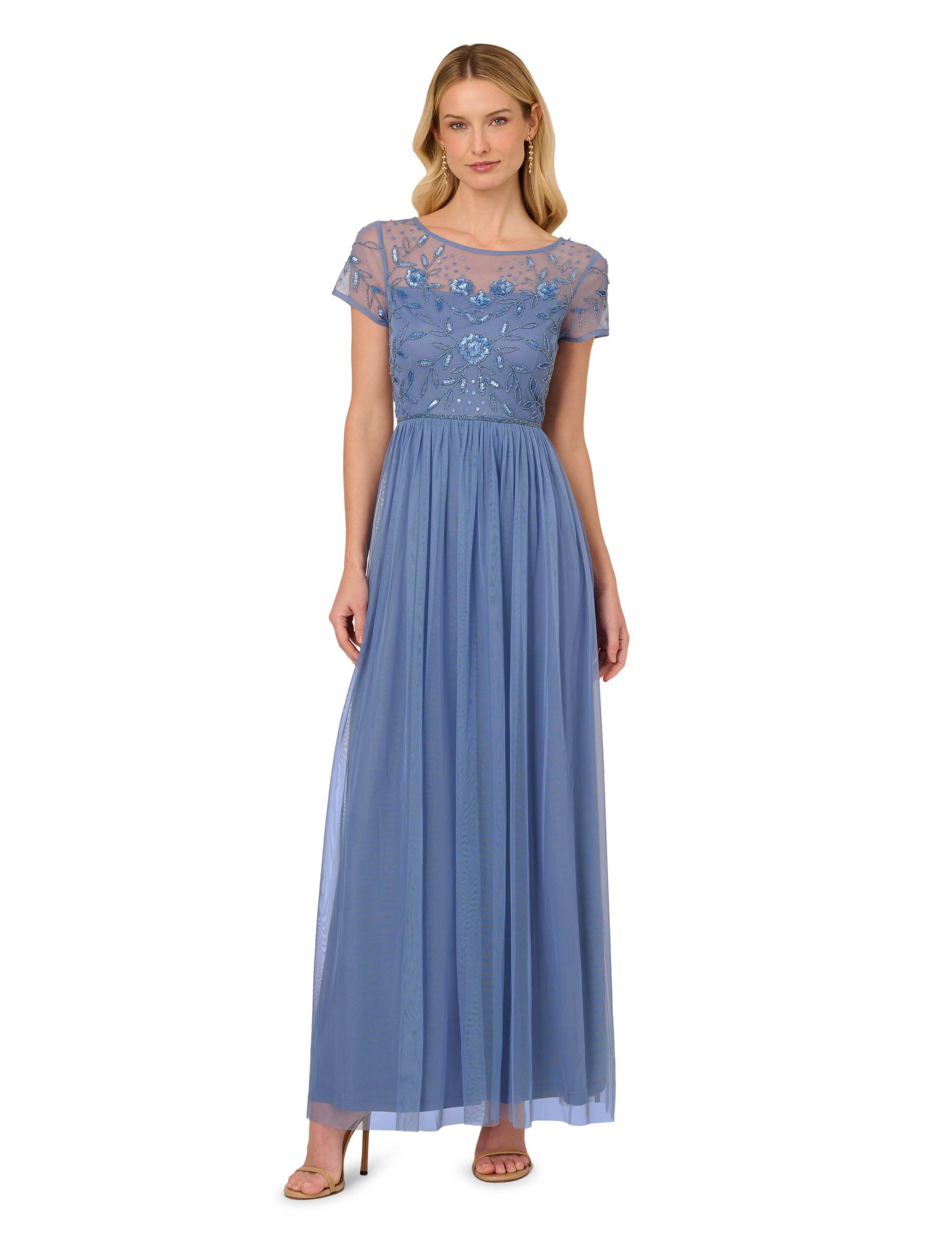 Beaded Mesh Shirred Dress