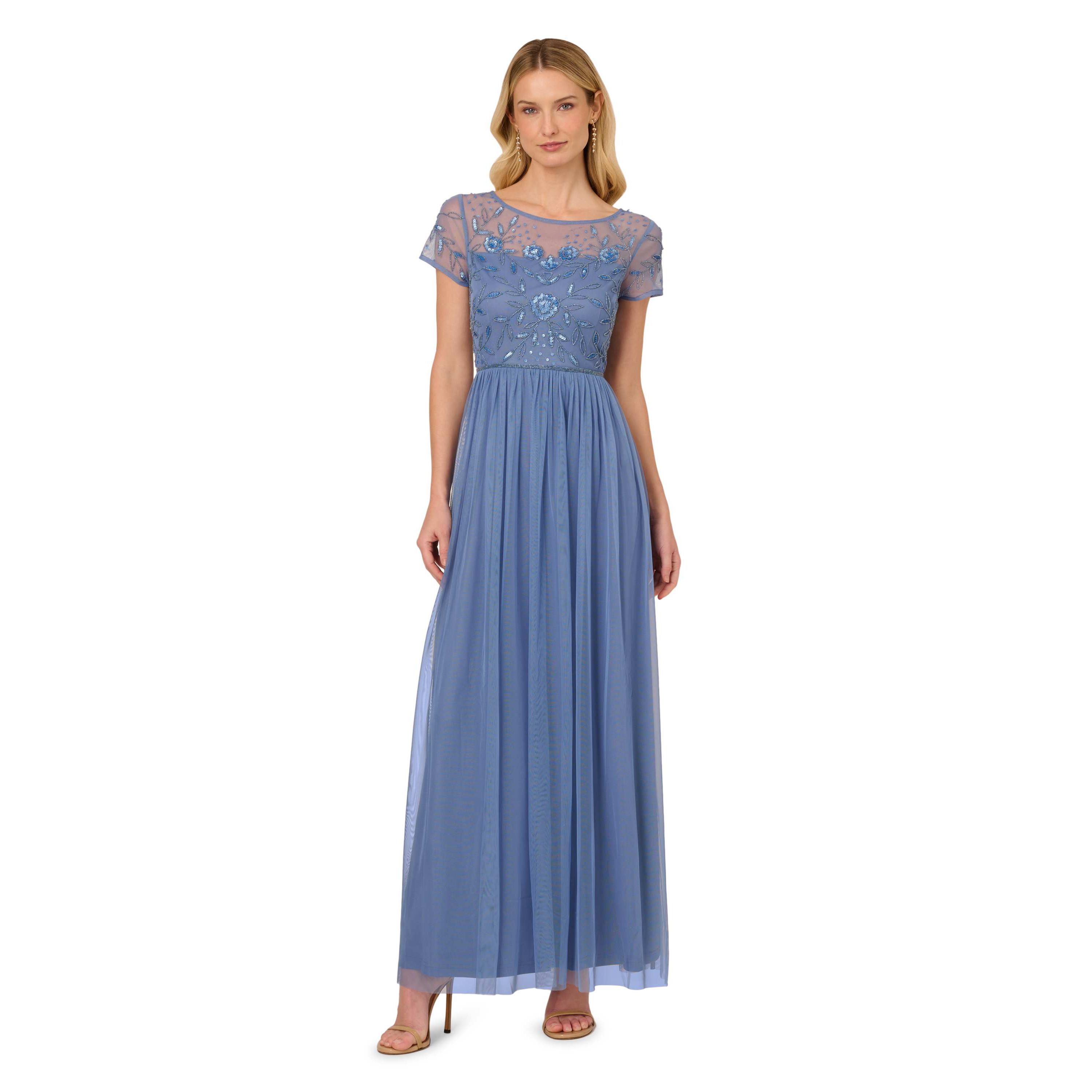 Beaded Mesh Shirred Dress