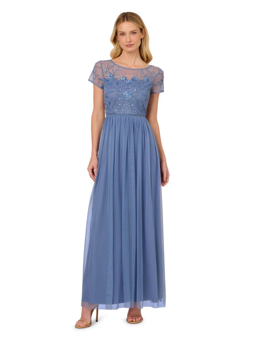Beaded Mesh Shirred Dress