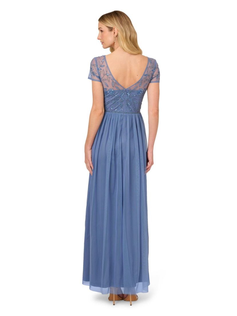 Beaded Mesh Shirred Dress