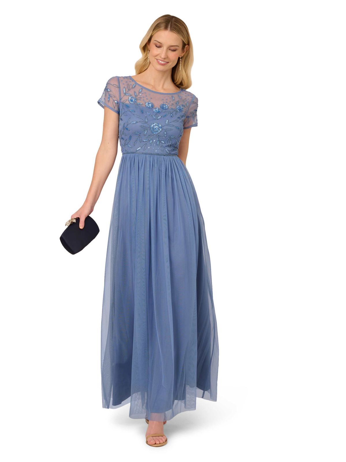 Beaded Mesh Shirred Dress