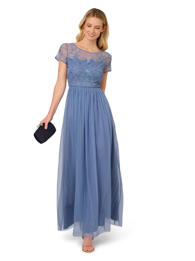 Beaded Mesh Shirred Dress