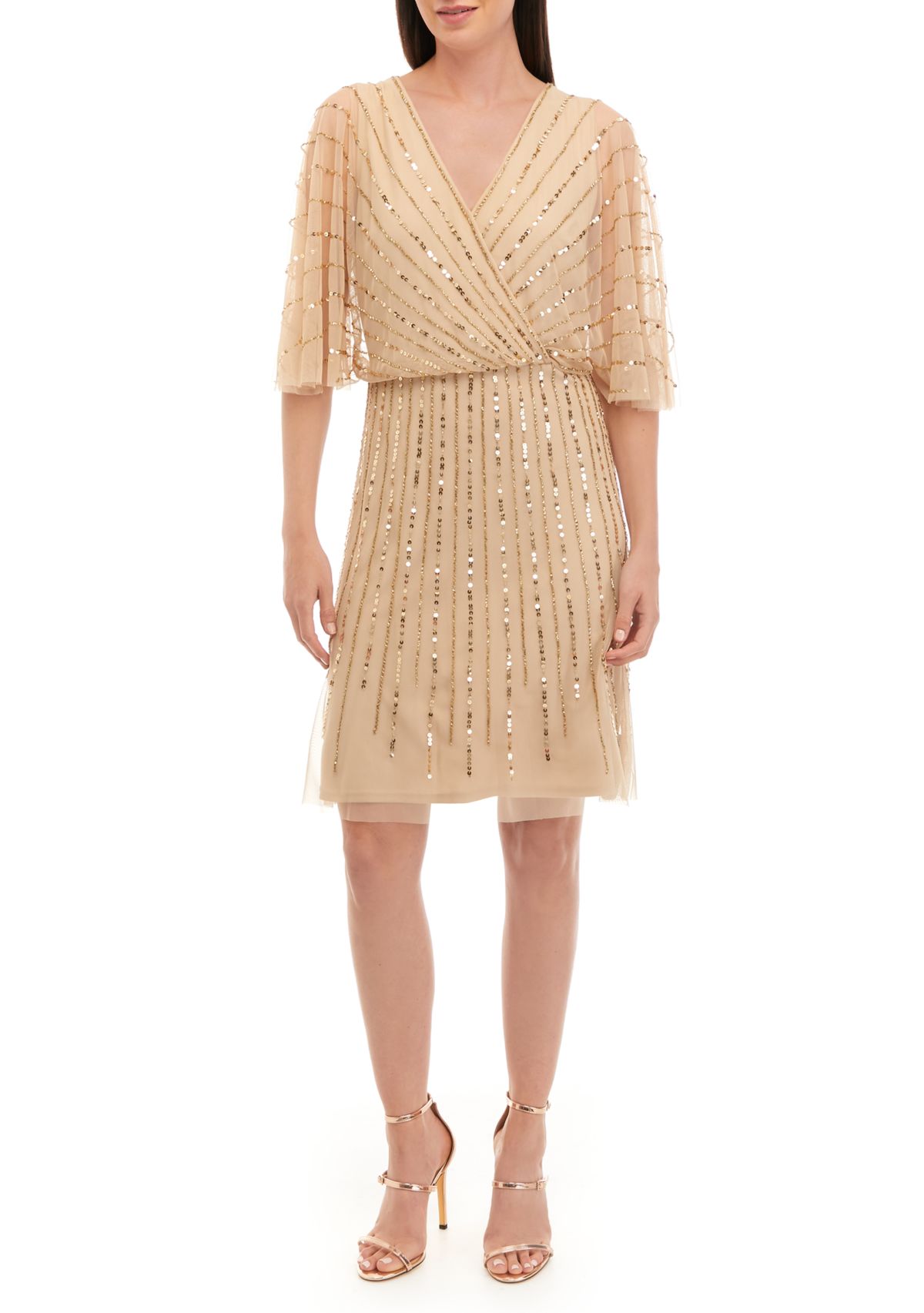 Womens Elbow Sleeve V-Neck Solid Sequin Embroidered Fit and Flare Midi Dress