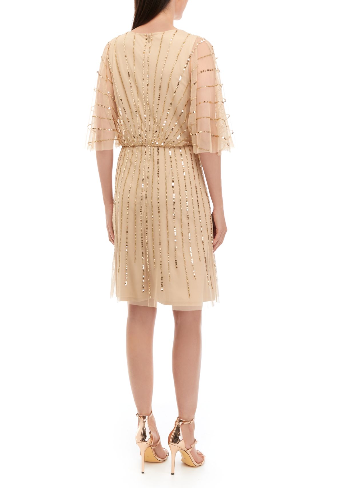 Womens Elbow Sleeve V-Neck Solid Sequin Embroidered Fit and Flare Midi Dress