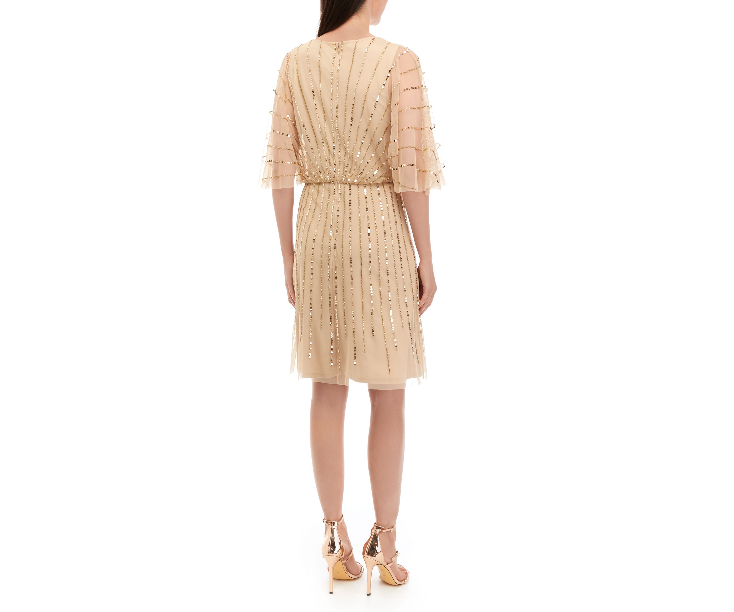 Womens Elbow Sleeve V-Neck Solid Sequin Embroidered Fit and Flare Midi Dress