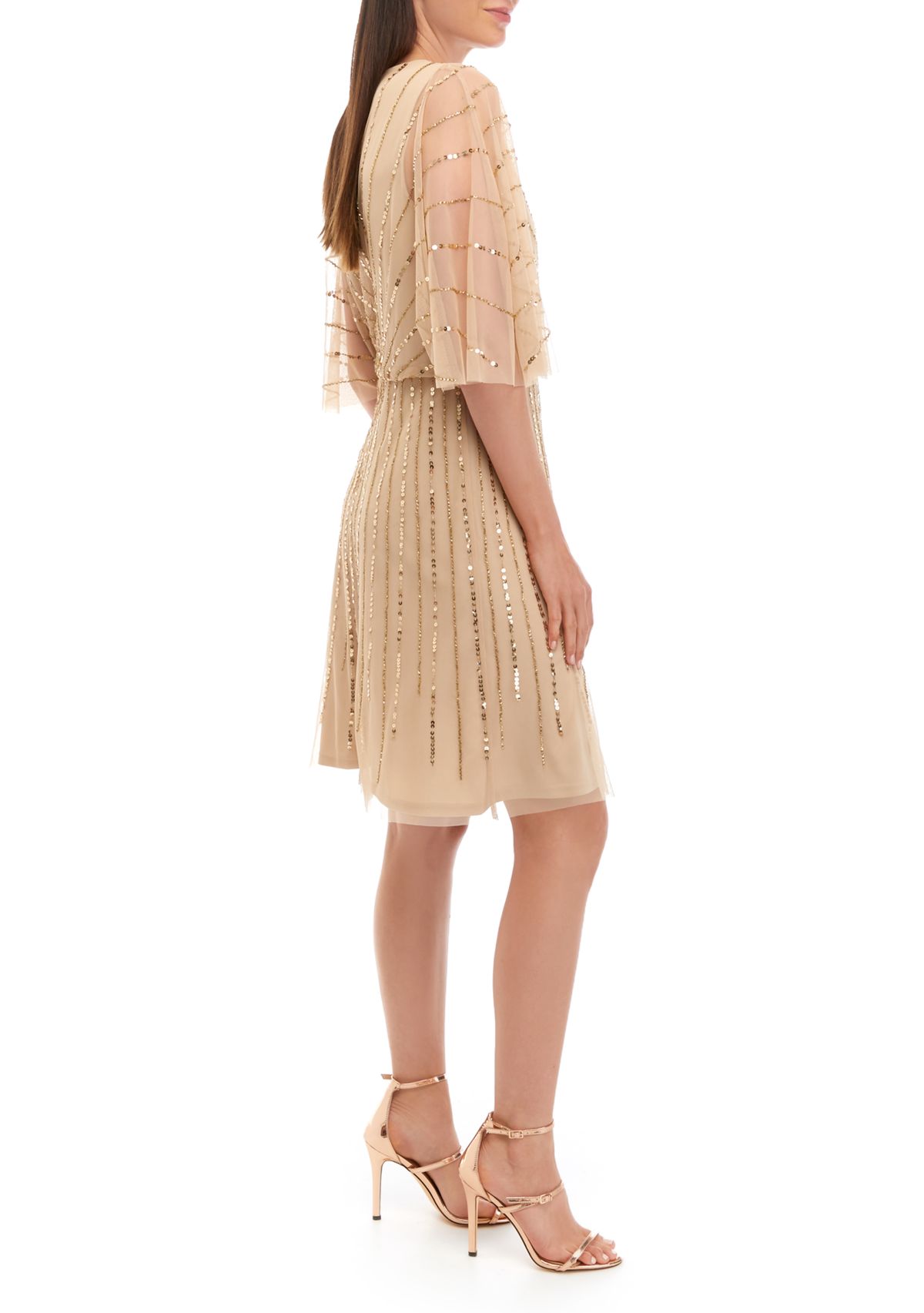 Womens Elbow Sleeve V-Neck Solid Sequin Embroidered Fit and Flare Midi Dress