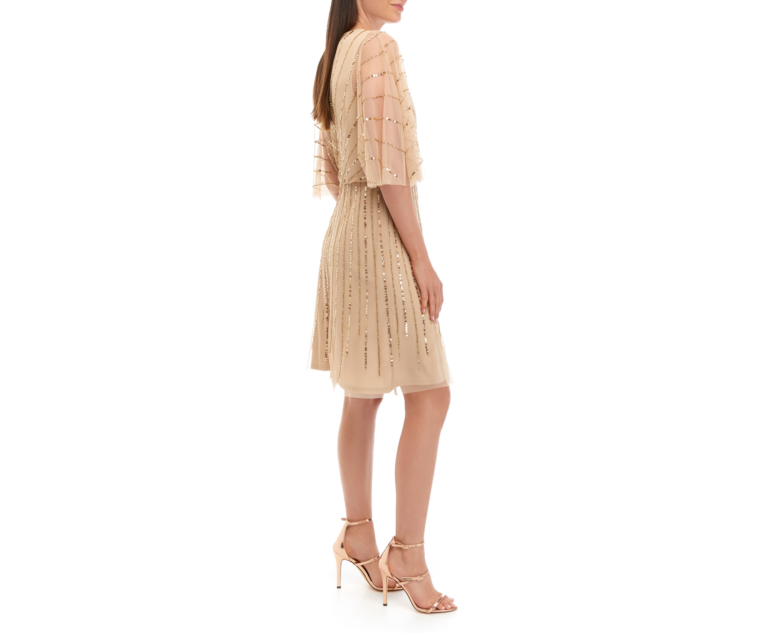 Womens Elbow Sleeve V-Neck Solid Sequin Embroidered Fit and Flare Midi Dress