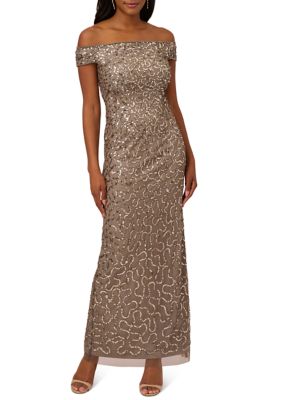 Adrianna Papell Women's Beaded Illusion Column Gown, Rose Gold, 0