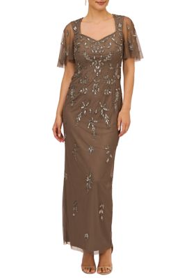 Adrianna Papell Women's Beaded Illusion Column Gown, Rose Gold, 0