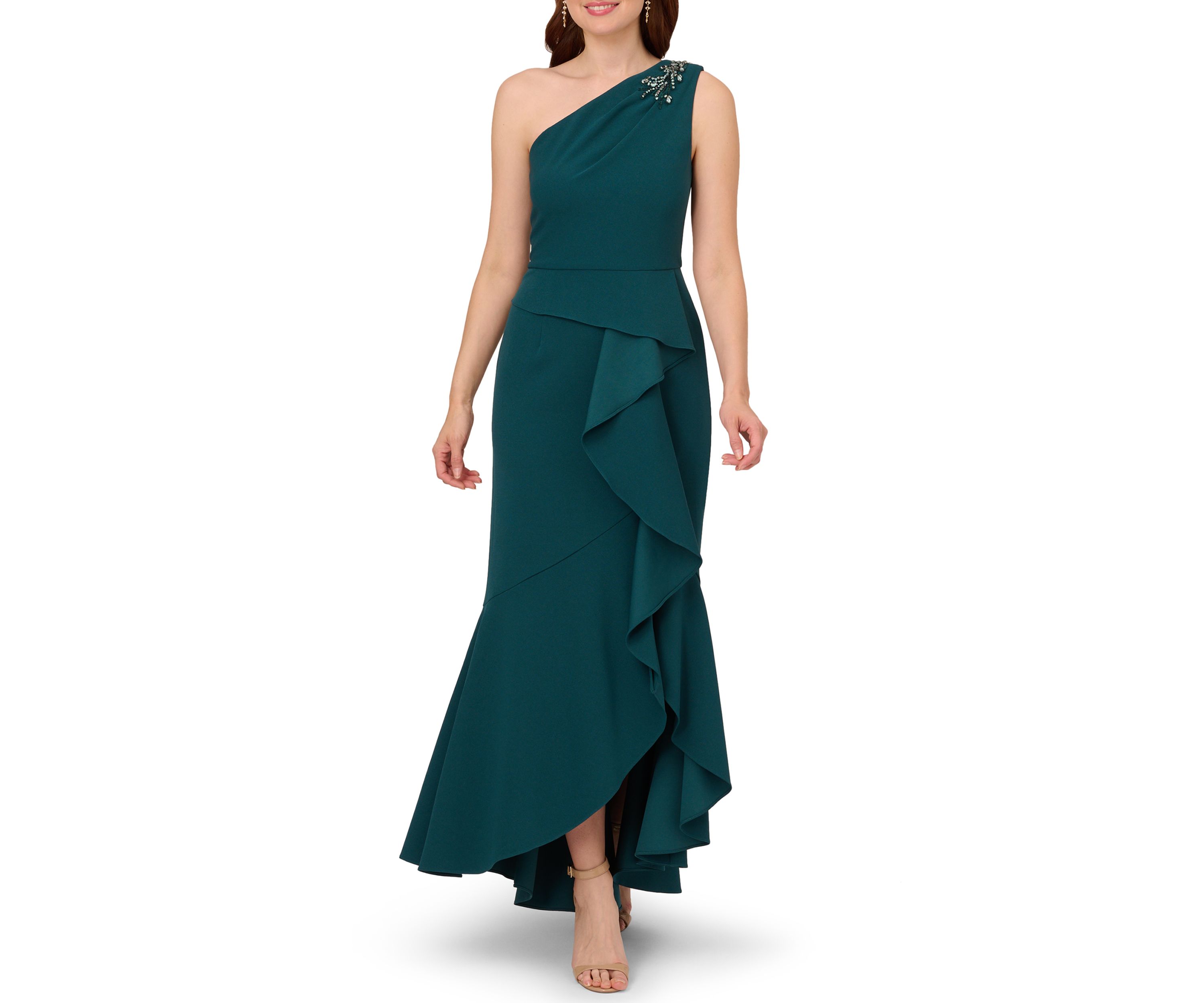 Womens Beaded Knit Crepe Ruffle Gown