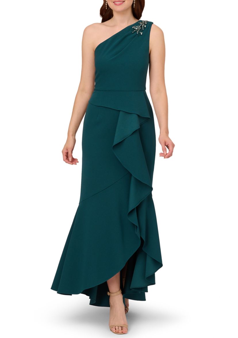 Womens Beaded Knit Crepe Ruffle Gown