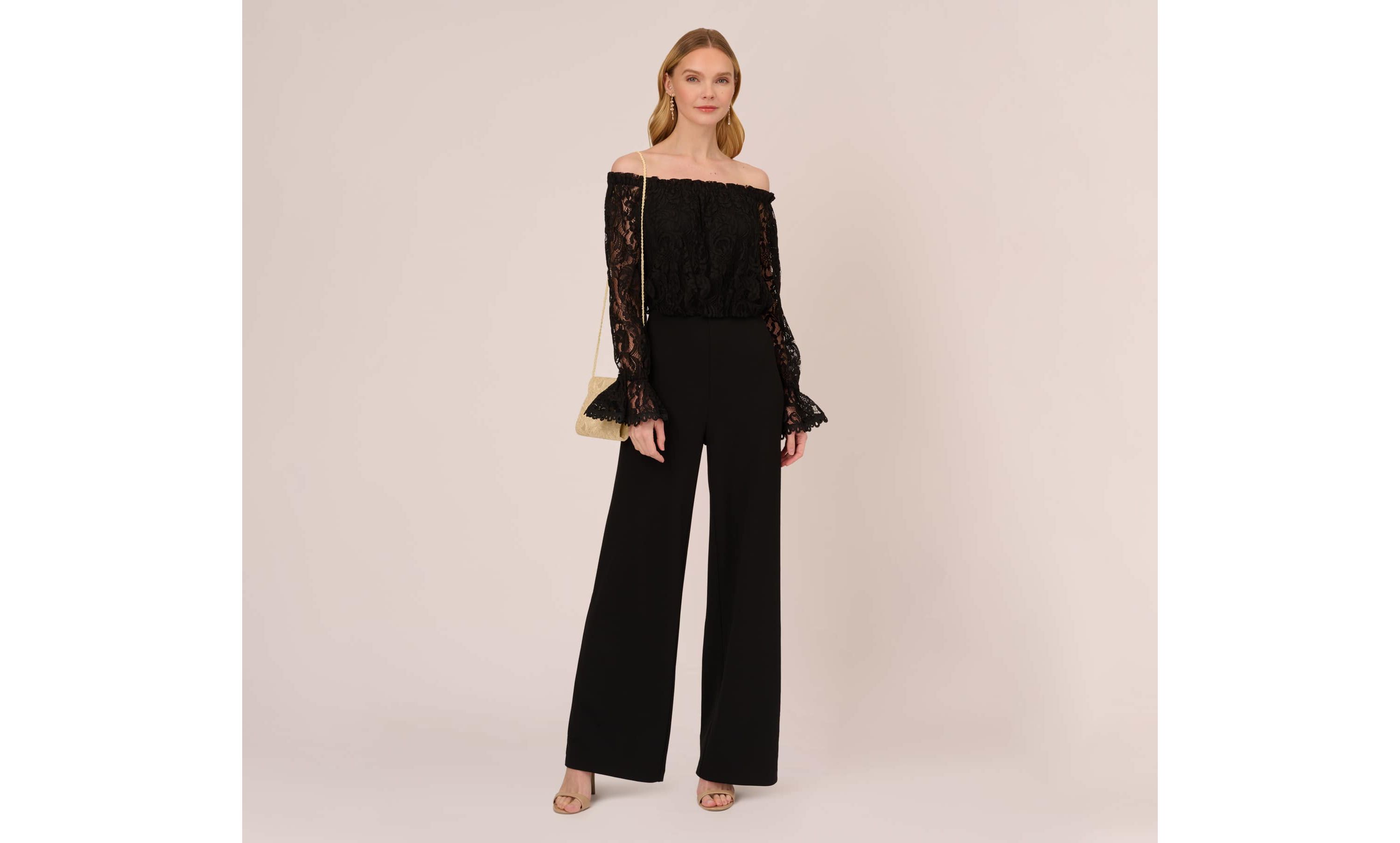 Womens Off the Shoulder Lace Sleeve Jumpsuit