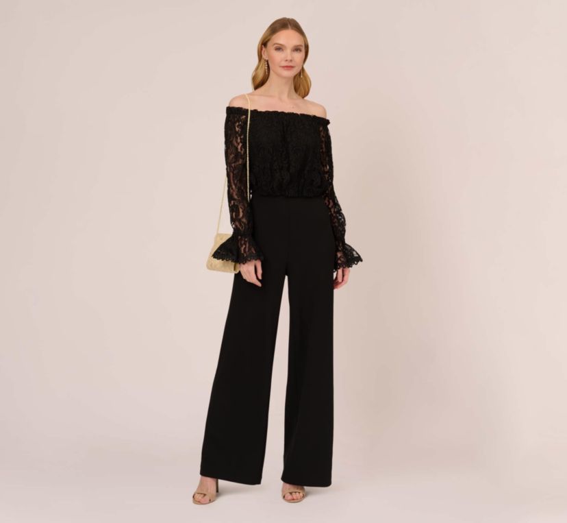 Womens Off the Shoulder Lace Sleeve Jumpsuit