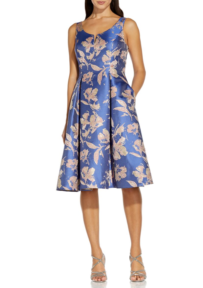 slim fit dress slacks Shadow Rose Jacquard Sleeveless Fit & Flare Dress W/ Bias Trim 4 / Blue RV main image 1