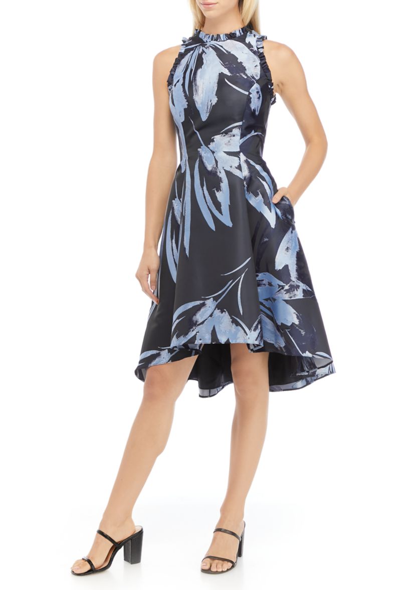Womens Sleeveless Floral Jacquard A-Line Dress 