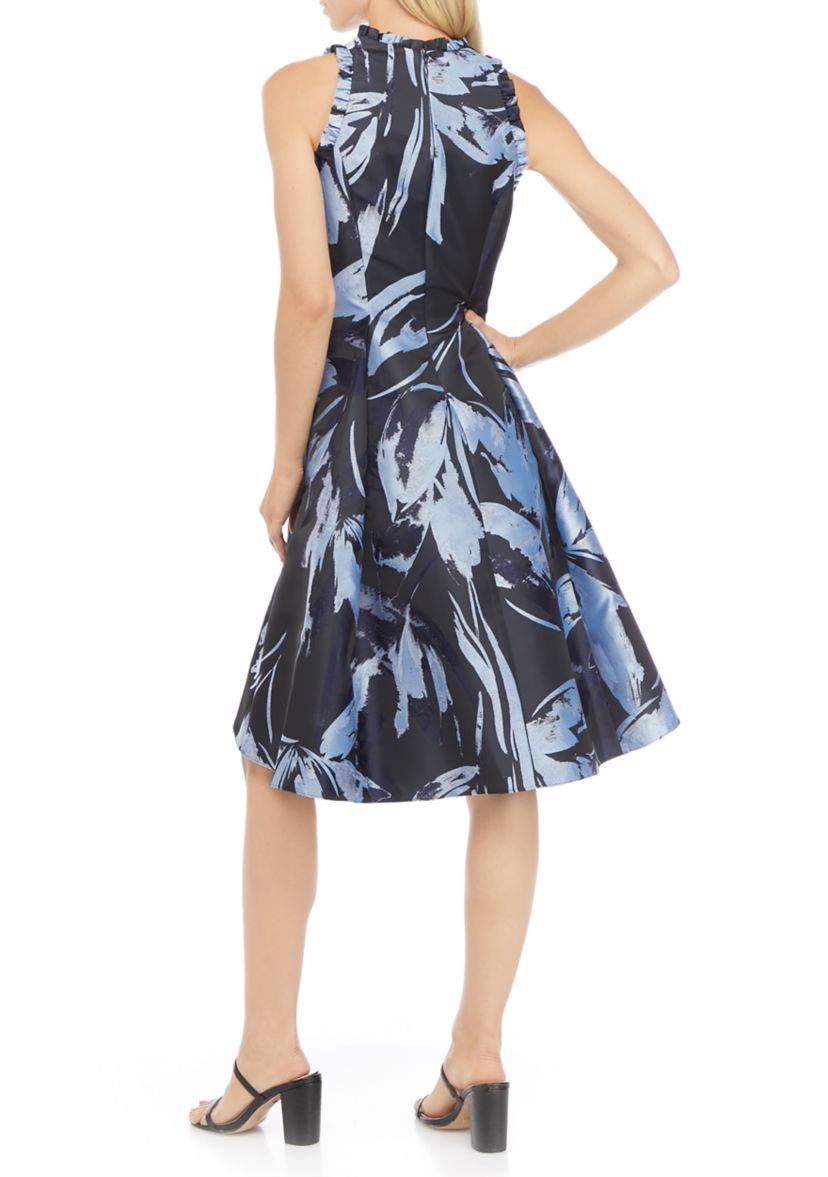 Womens Sleeveless Floral Jacquard A-Line Dress 