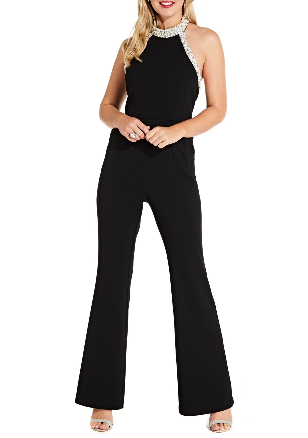 Halter Wide Leg Jumpsuit with Beaded Trim Detail 
