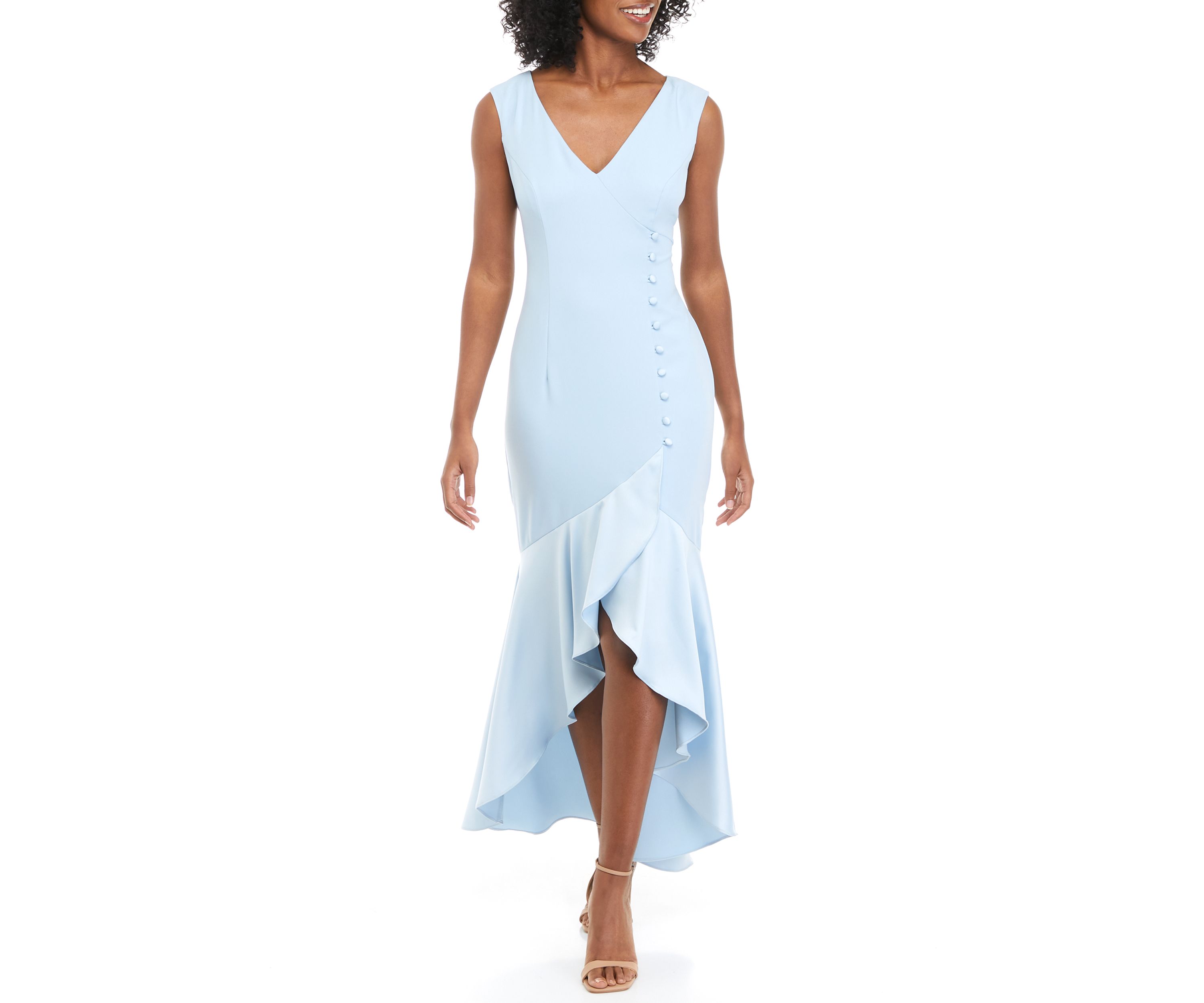 Womens Satin Crepe Button High Low Gown