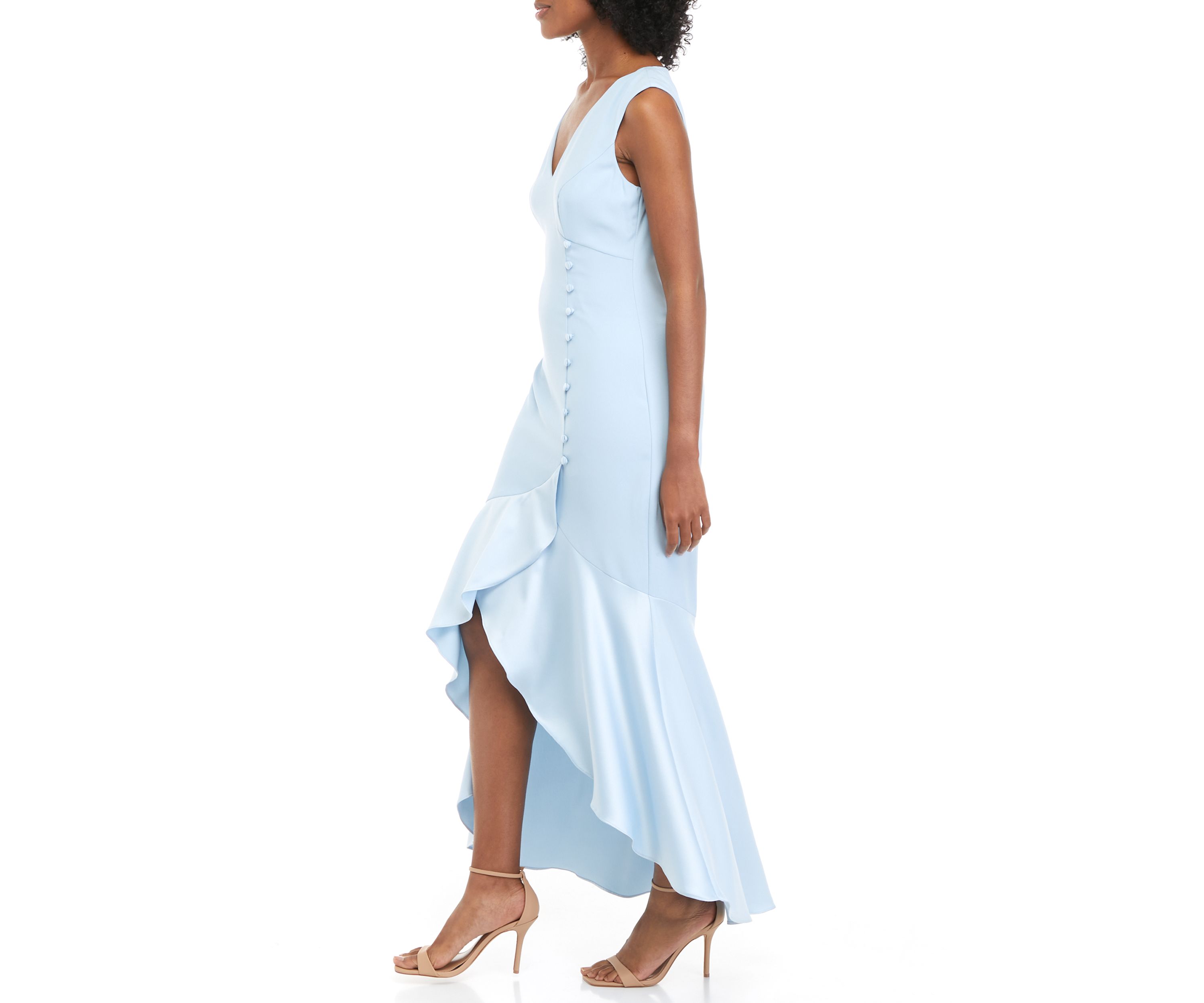 Womens Satin Crepe Button High Low Gown