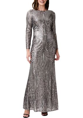 Adrianna Papell Women's Long Sleeve Sequin Pattern Gown