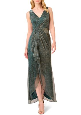 Adrianna Papell Women's Studded Metallic Faux Wrap Gown