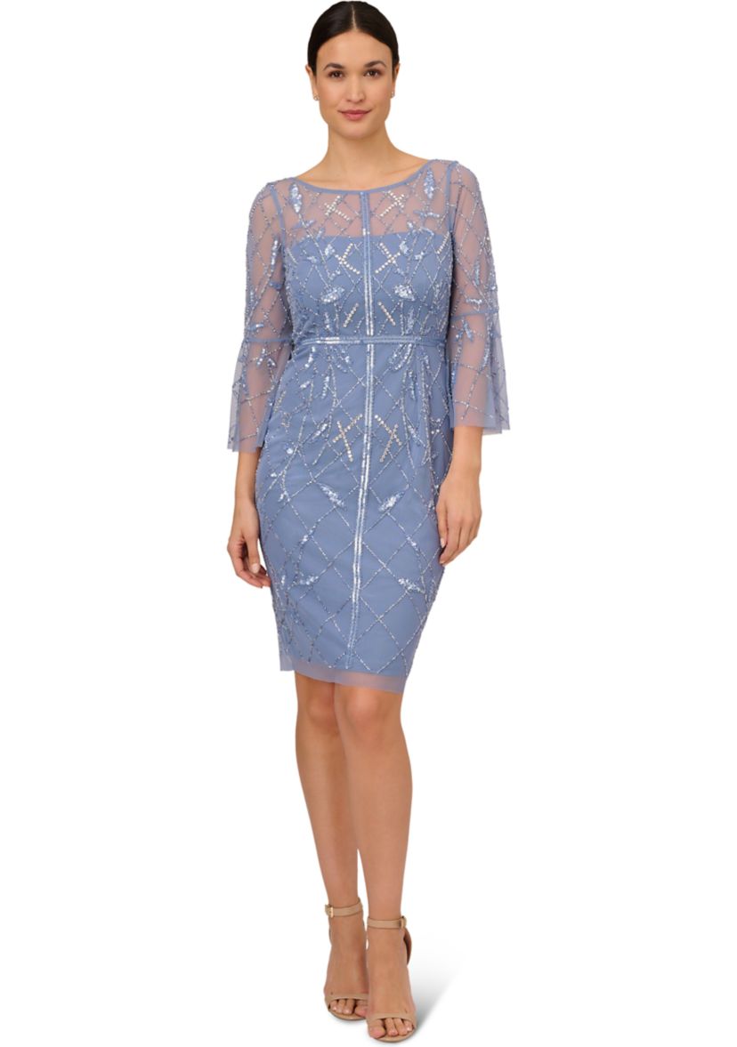 Womens Beaded Sheath Dress with Elbow Sleeves