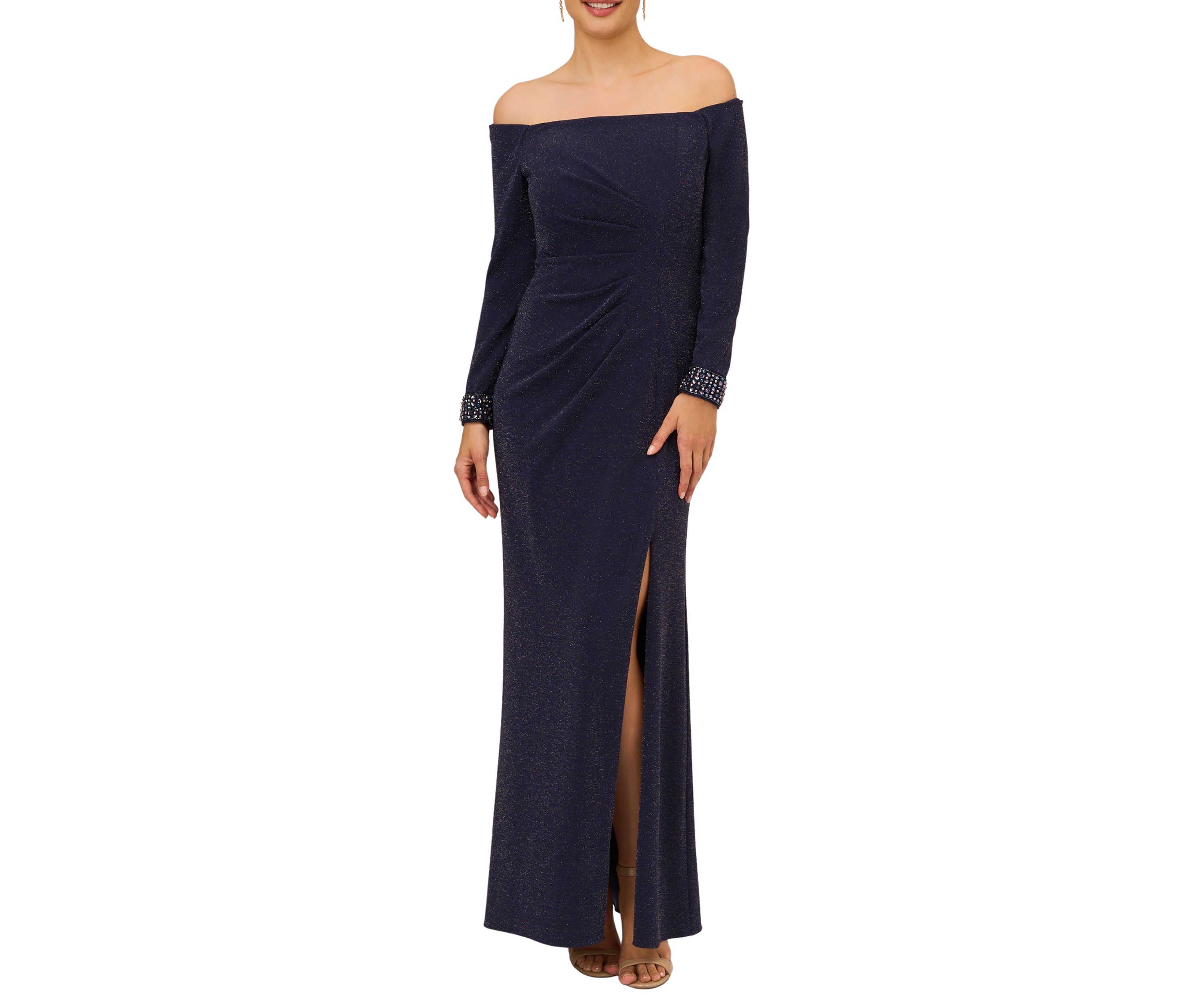 Womens Metallic Knit Beaded Gown