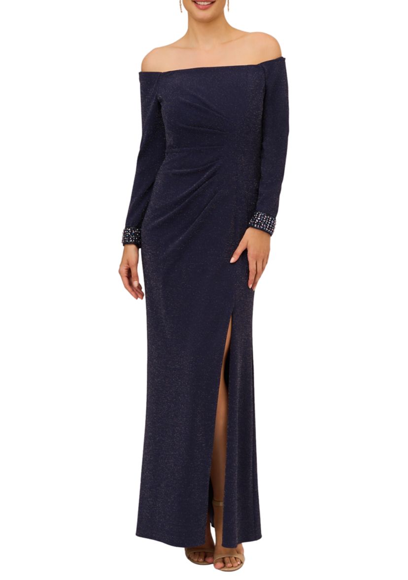 Womens Metallic Knit Beaded Gown
