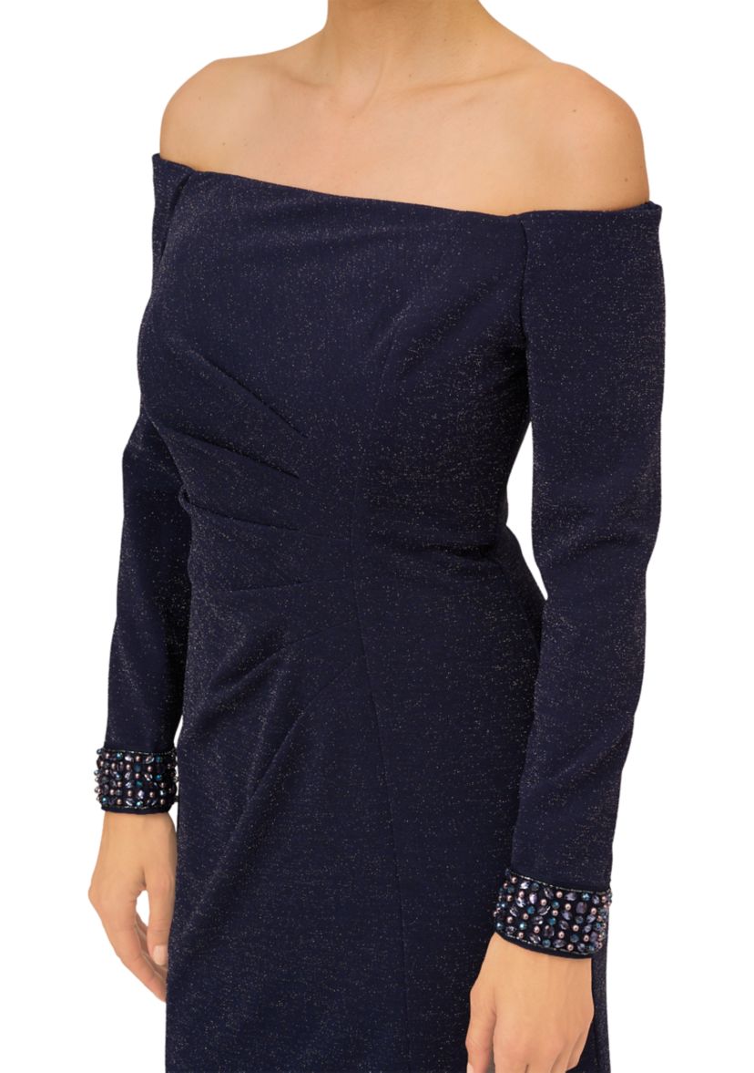Womens Metallic Knit Beaded Gown