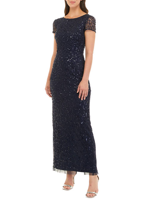 Adrianna Papell Womens Beaded Short Sleeve Gown