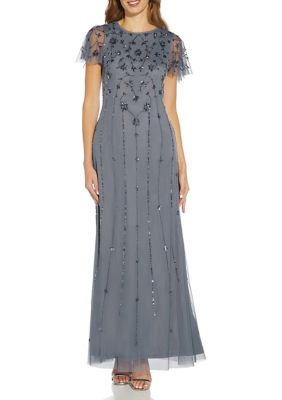 Adrianna Papell Women's Short Flutter Sleeve Beaded Gown