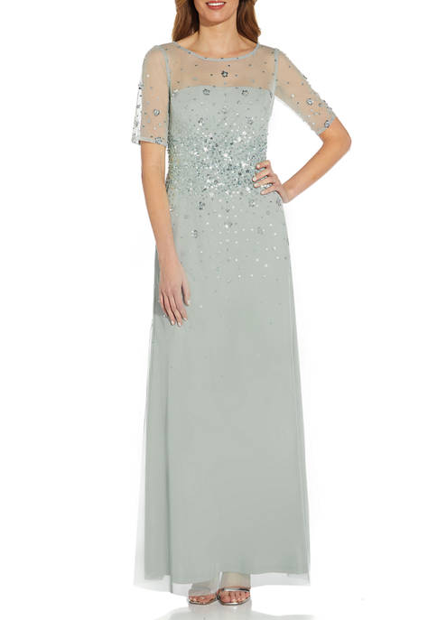 Adrianna Papell Womens Beaded Mesh Illusion Gown