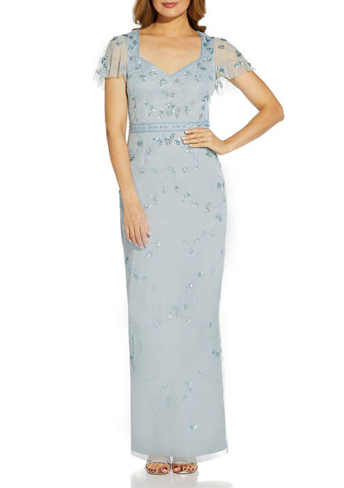 Adrianna Papell Womens Beaded Sweetheart Neck Gown