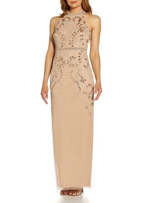 Adrianna Papell Beaded Halter Mock Neck Column Gown belk