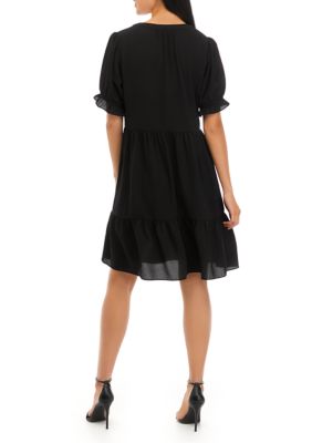 Women's Puff Sleeve Tiered V-Neck Dress