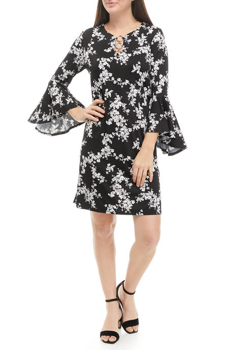 AGB Womens Printed Bell Sleeve Ring Neck Dress