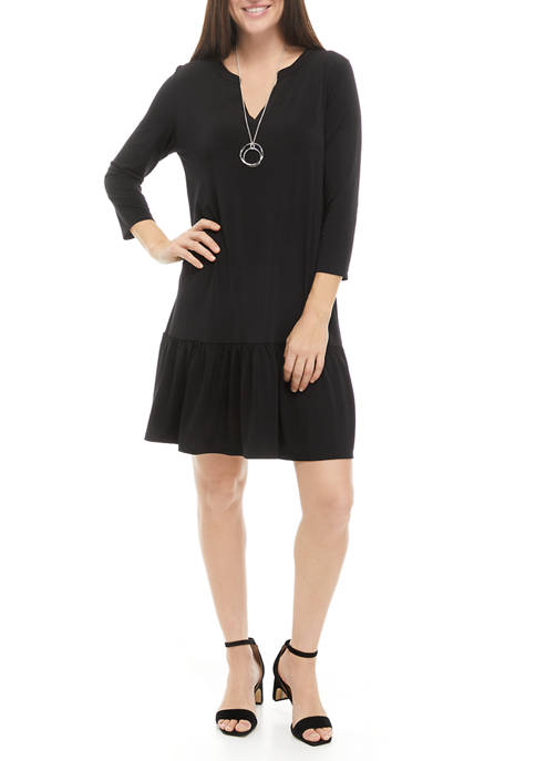 AGB Womens Solid Notch Neck Dress with Necklace