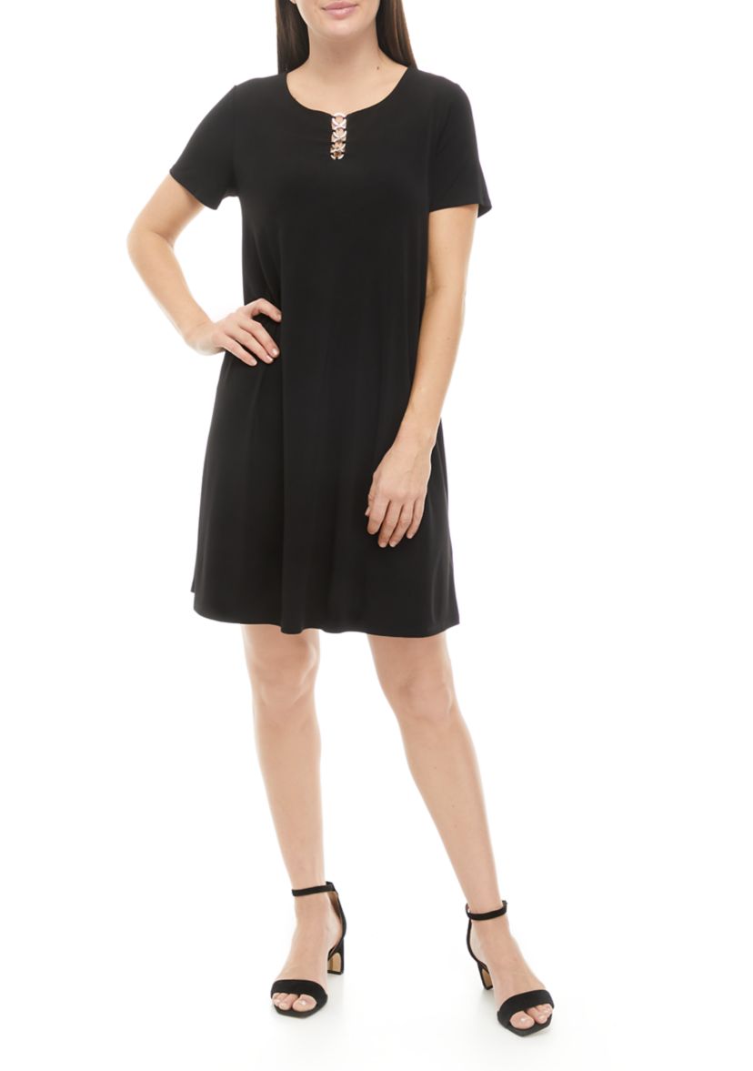agb black dress AGB Black Short Sleeve Ponte Knit Belted A-Line Dress, Women's 6