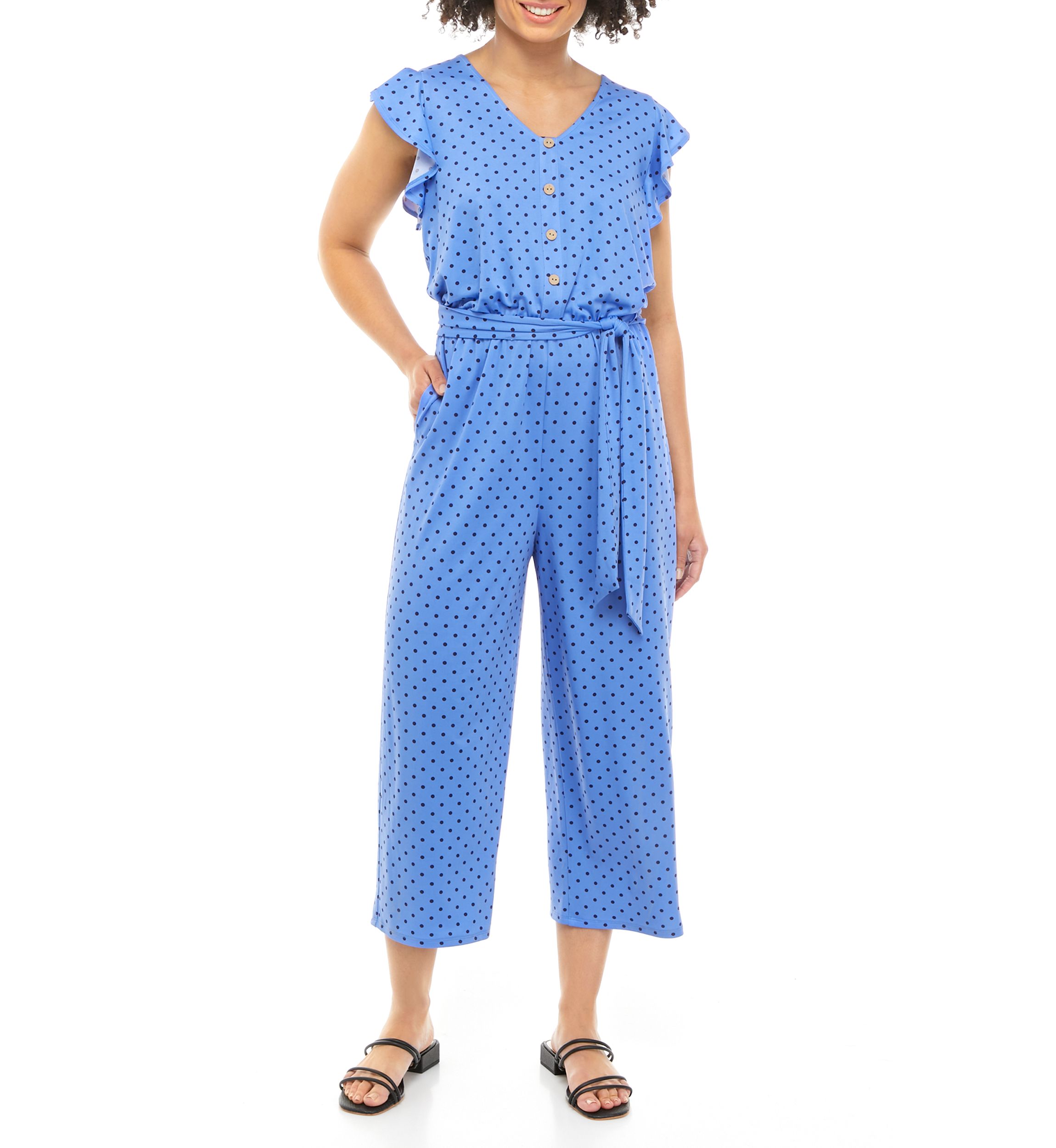 Womens Flutter Sleeve Dot Jumpsuit
