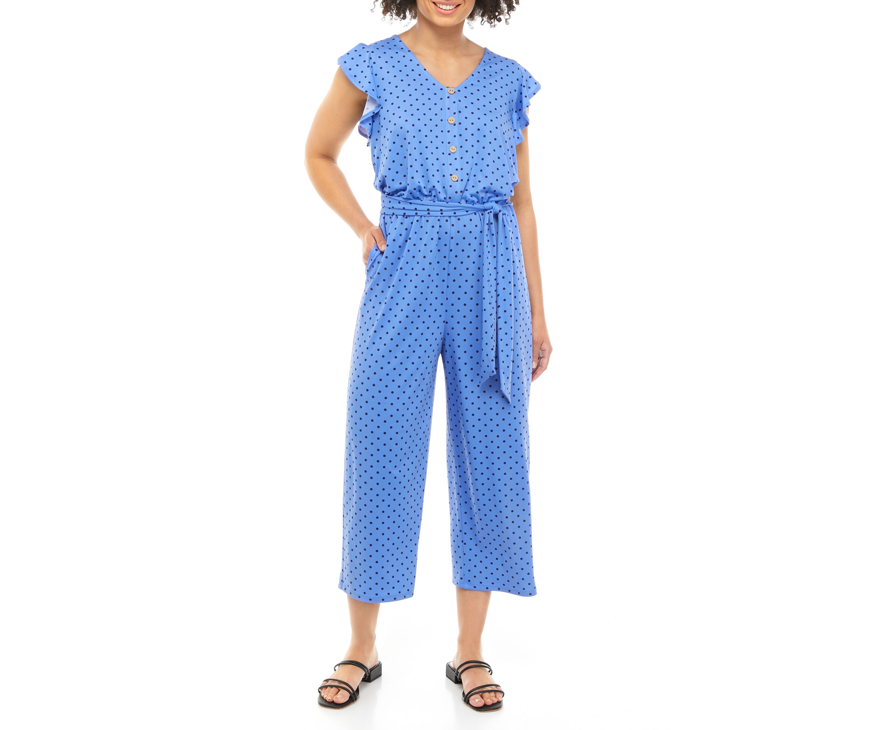 Womens Flutter Sleeve Dot Jumpsuit