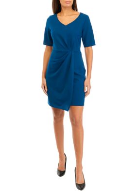 Women's Short Sleeve Side Ruched Solid Scuba Crepe Sheath Dress