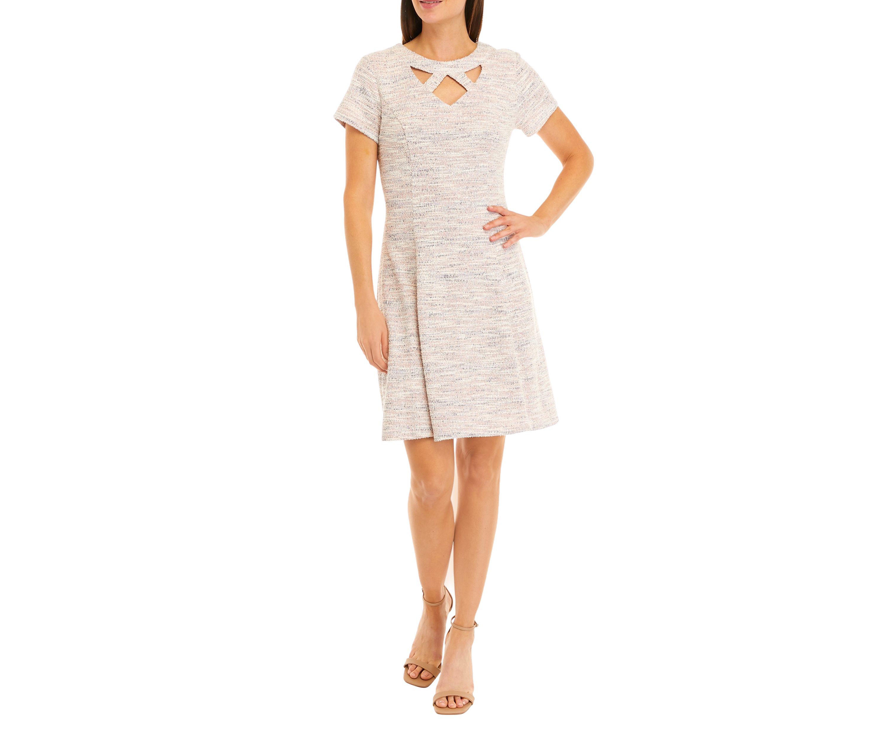 Womens Short Sleeve Cut Out Boucle Fit and Flare Dress
